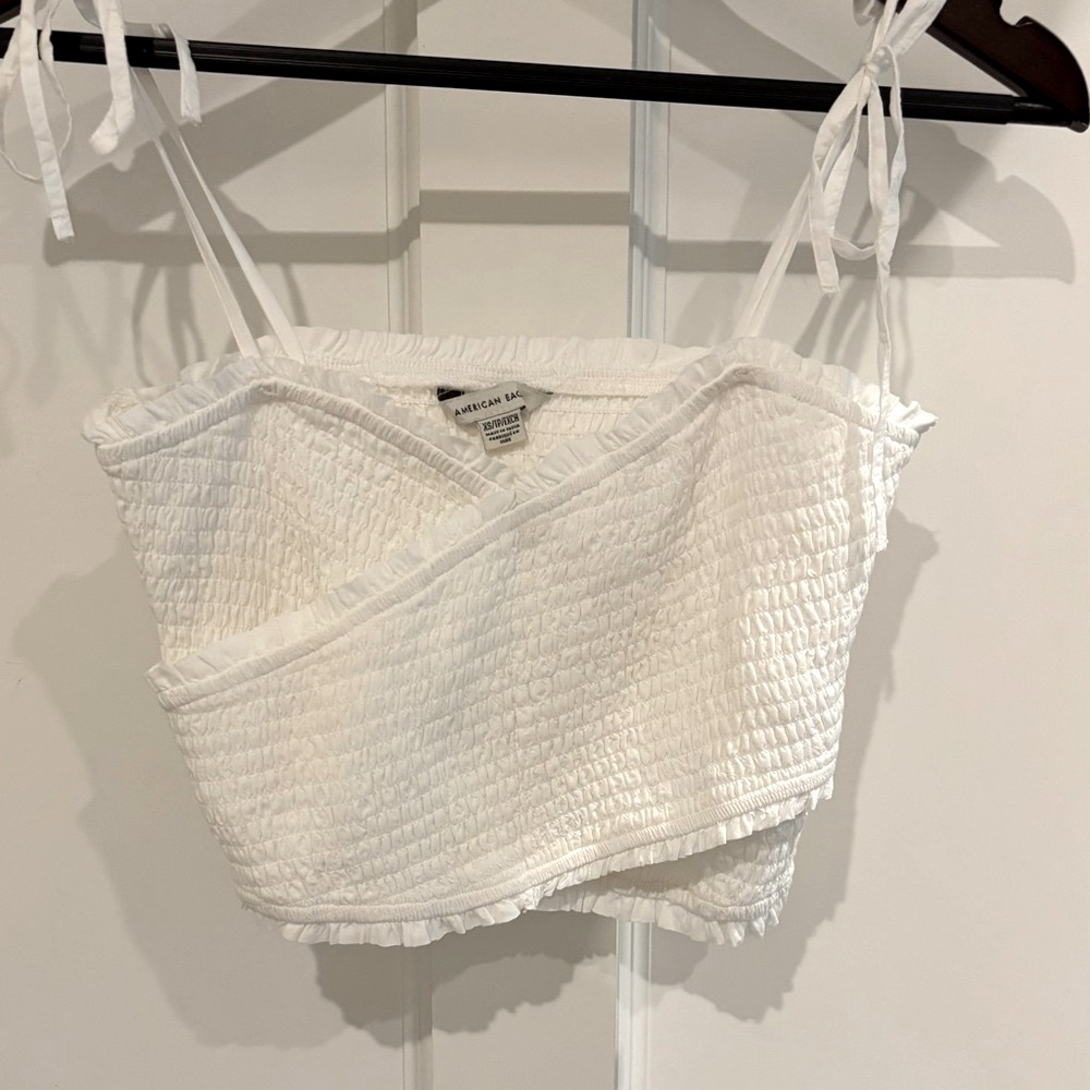 American Eagle Outfitters White Asymmetrical Smocked Crop Top XS